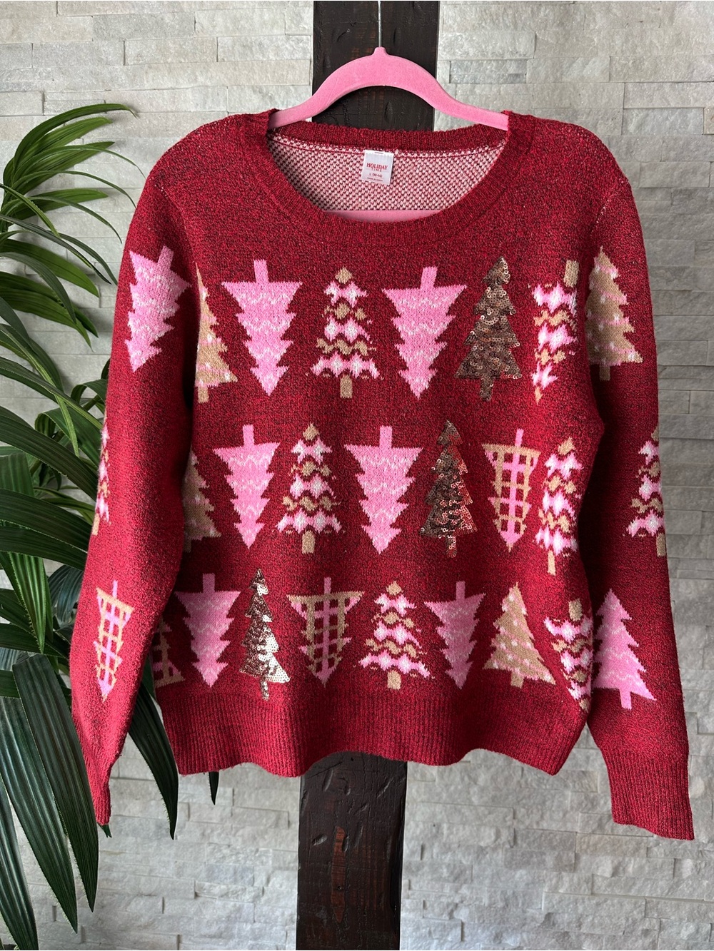 Holiday Time Burgundy Wine Pink Tan Christmas Tree Sequin Sweater Size L